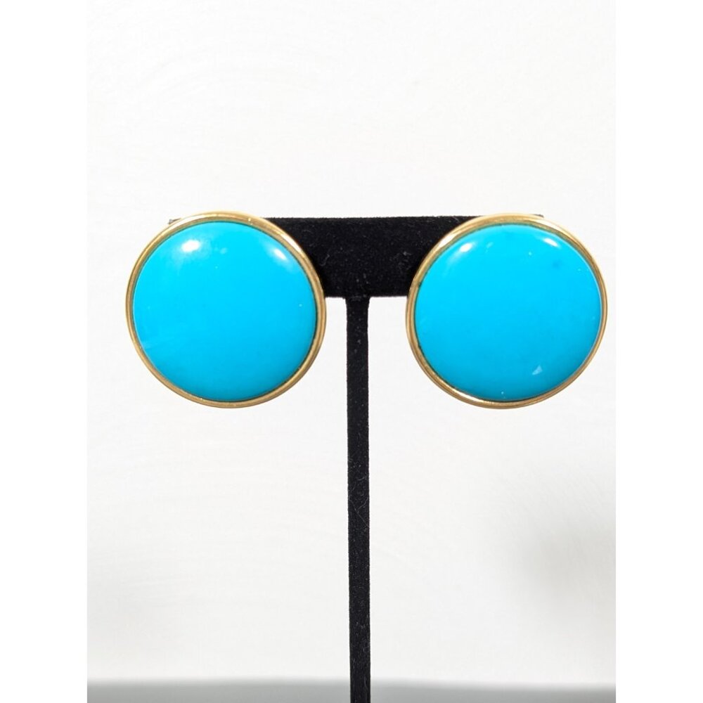 Vintage Turquoise Blue Lucite Round Gold Tone Statement Earrings Pierced MOD